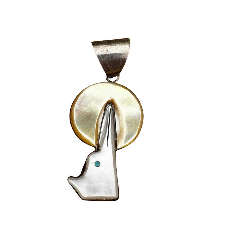 Sterling Silver Mother of Pearl Wolf Howling at Moon Pendant